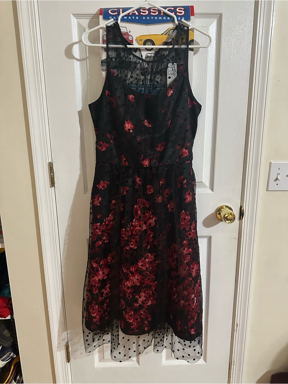 dressbarn Black Dress with Red Floral Overlay